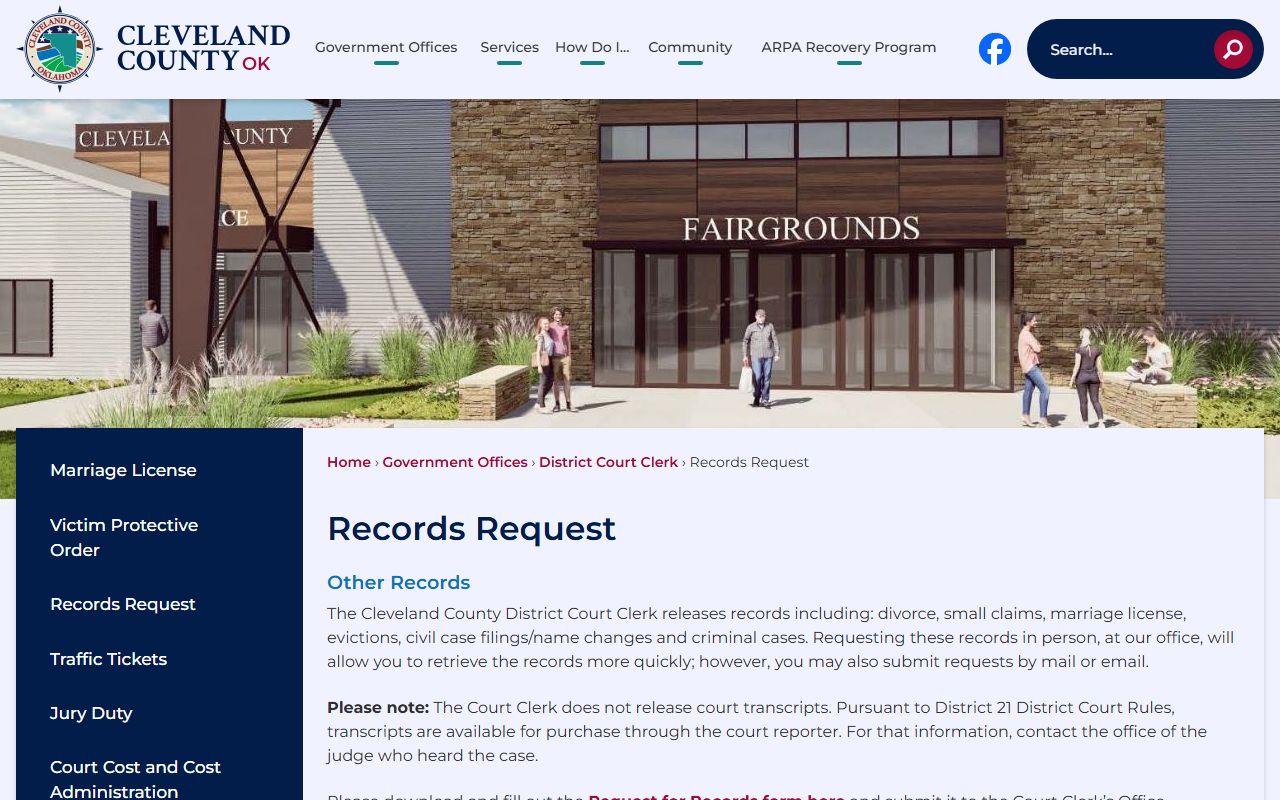 Cleveland County Court Clerk records request page for Norman dissolution of marriage