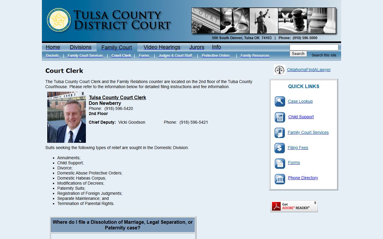 Tulsa County District Court clerk page for dissolution of marriage