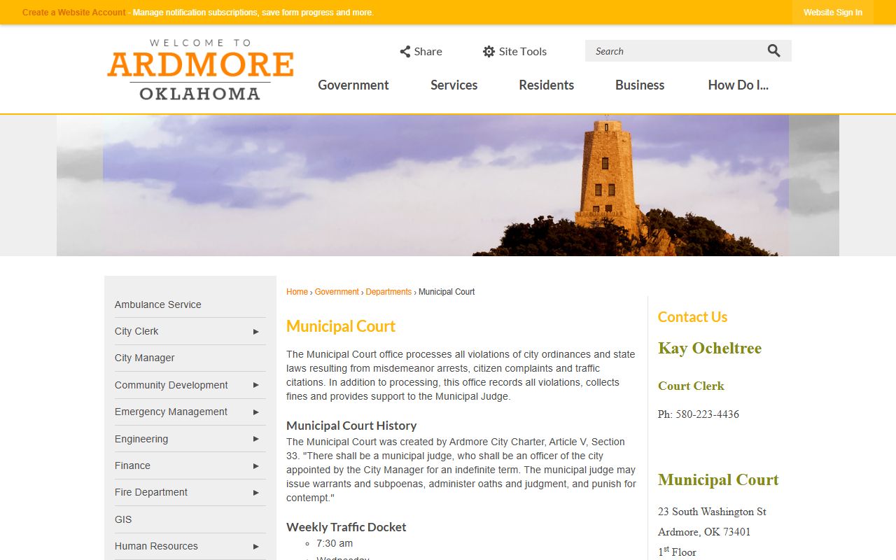 Ardmore Municipal Court website for Carter County area court information