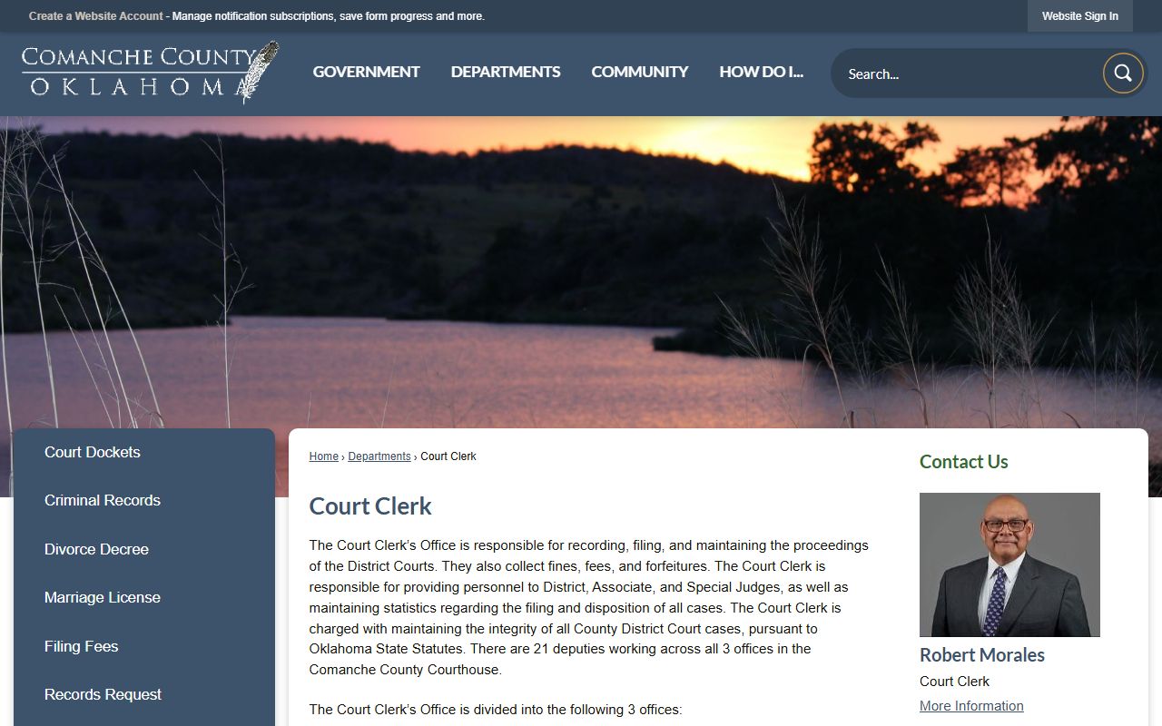 Comanche County Court Clerk website for dissolution of marriage filings