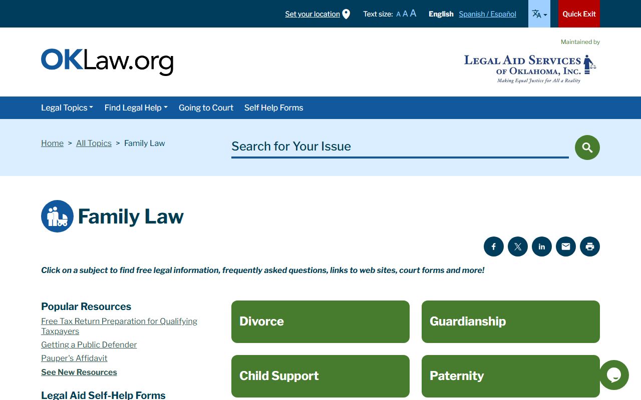 Oklahoma Legal Aid Services dissolution of marriage family law resources