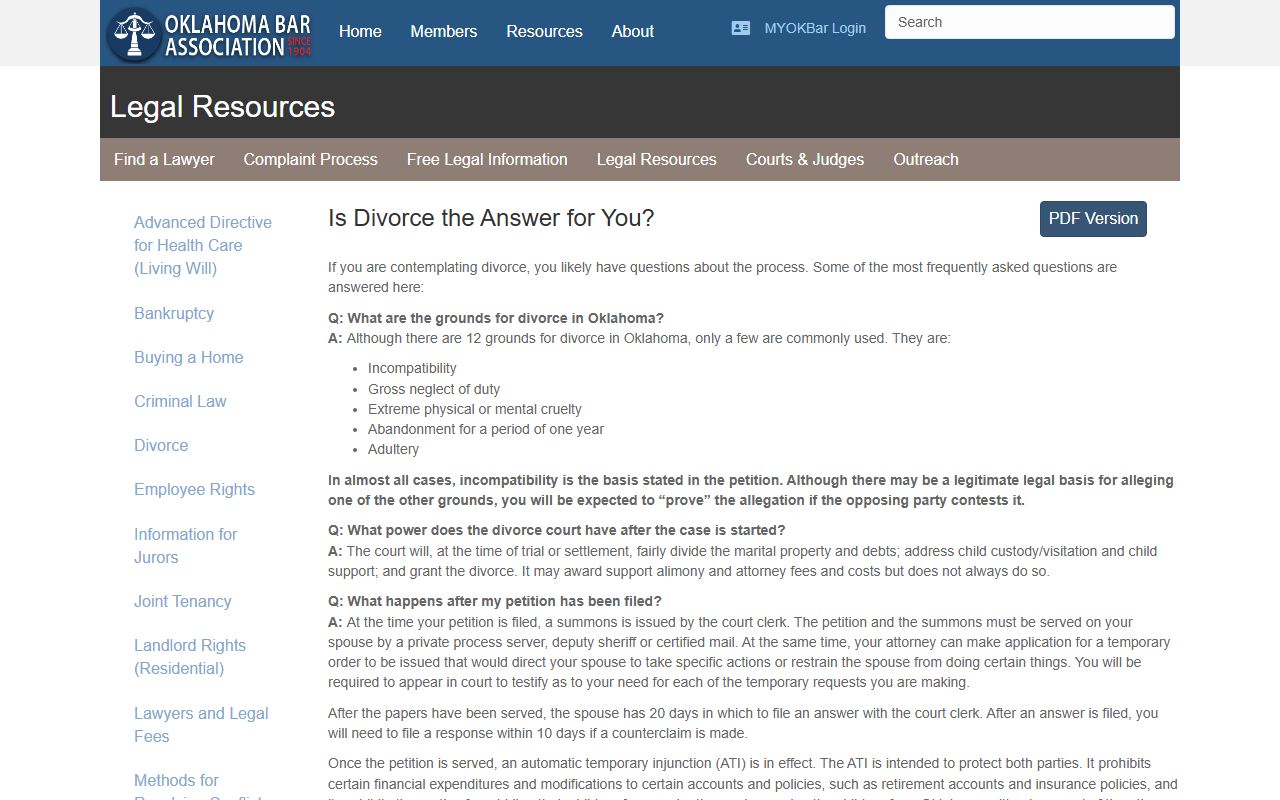 Oklahoma Bar Association dissolution of marriage information page